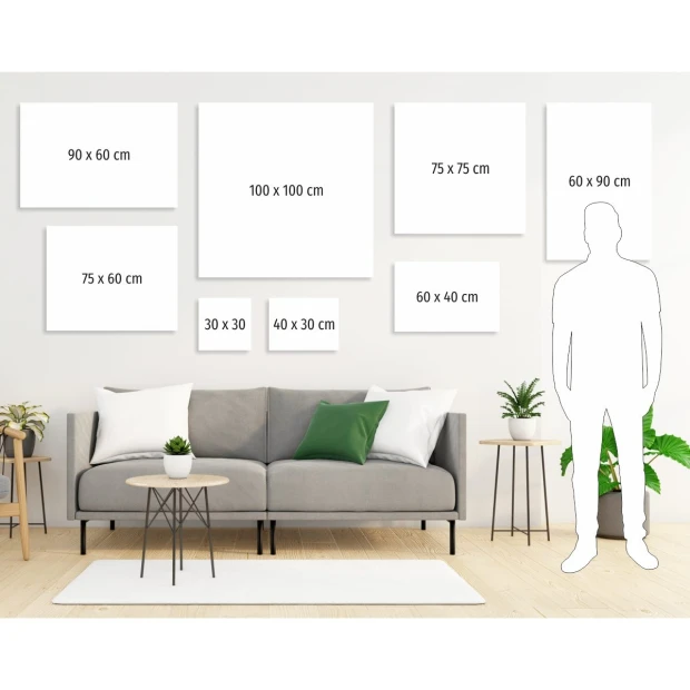 Canvas print from a photo 100x100 cm - Living room setup with light walls, a sofa with cushions, and a table.
