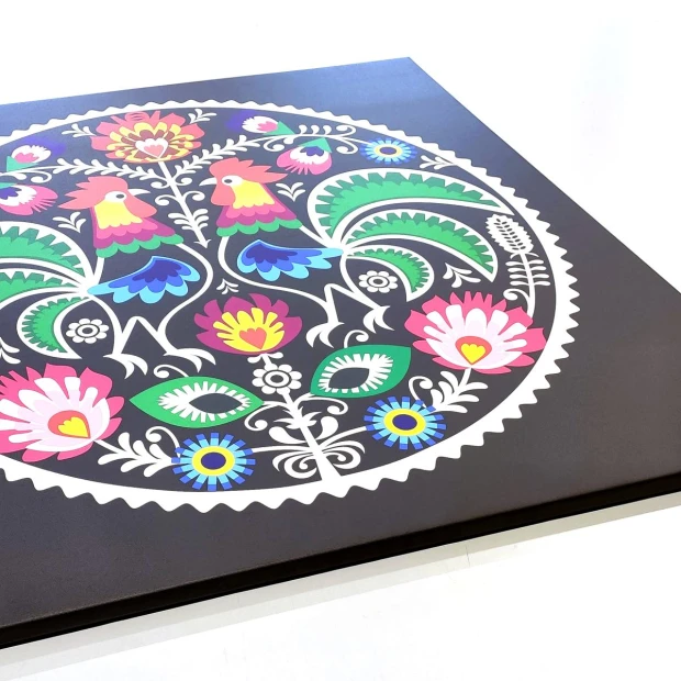 Canvas print 30x30 cm - Graphic design featuring colorful birds and flowers on a black background.