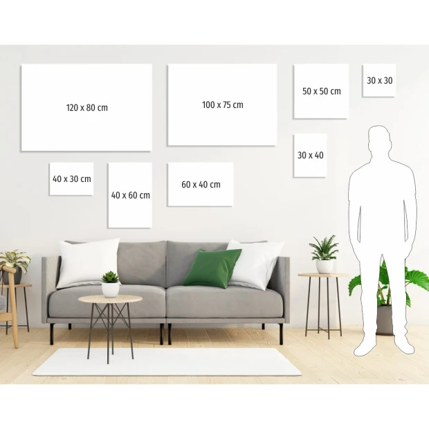Canvas print from a photo, 40x60 cm - Living room setup with light-colored walls and gray sofa.