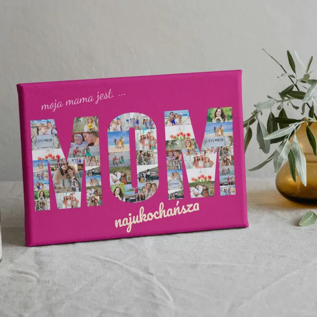 Canvas print 40x60 cm - Graphic design. MOM letters filled with photos on a pink background.
