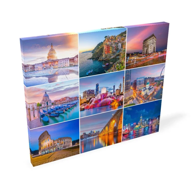 Canvas print 75x100 cm - Graphic design. Six images showcasing various cities and architecture.