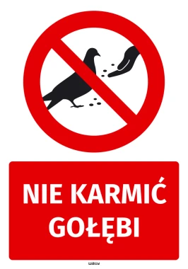 Safety sticker: Do not feed pigeons - Graphic design. Red circle with a crossed-out dove and hand scattering seeds.