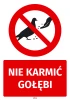 Safety sticker: Do not feed pigeons - Graphic design. Red circle with a crossed-out dove and hand scattering seeds.
