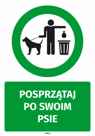 Dog Waste Reminder Sticker - Graphic design. Green circle with a figure holding a leash and bag by a trash can.