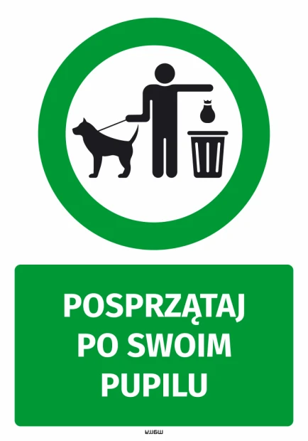 Clean up after your pet sticker - Graphic design. Green circle with a figure holding a leash and bag next to a trash can.