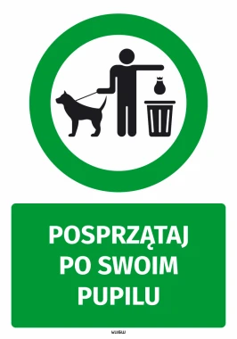 Clean up after your pet sticker - Graphic design. Green circle with a figure holding a leash and bag next to a trash can.