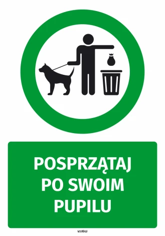 Clean up after your pet sticker - Graphic design. Green circle with a figure holding a leash and bag next to a trash can.