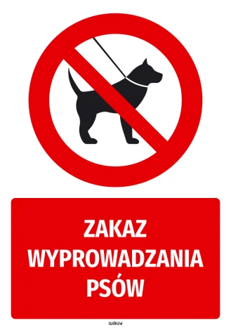 Dog Walking Prohibition Sticker - Graphic Design. Red background with a black dog symbol and white text.