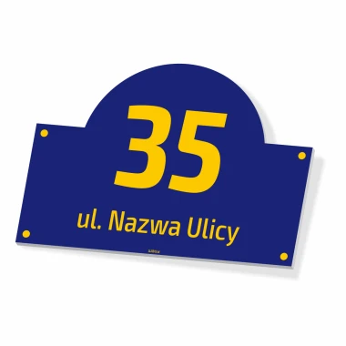Home address plaque with a graphic design. Round shape featuring large numbers on a dark blue background.