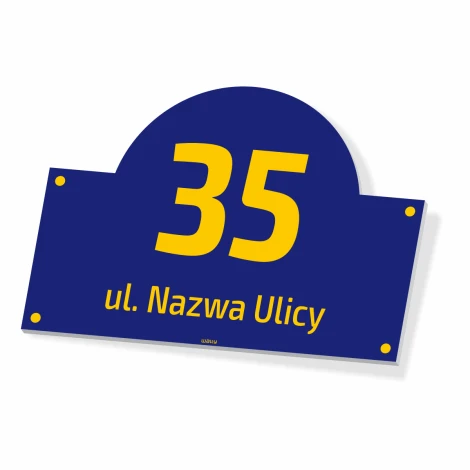 Home address plaque with a graphic design. Round shape featuring large numbers on a dark blue background.