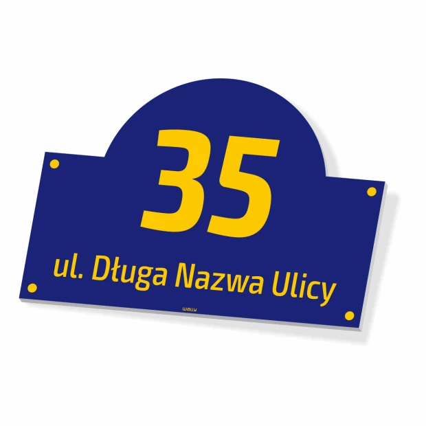 Home address plaque with a large number and text on a dark background in a round shape.
