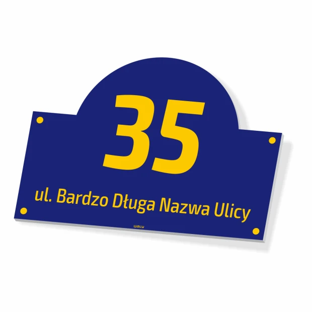 Home address sign with graphic design. Round shape featuring large numbers and text on a dark background.