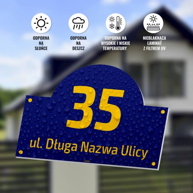 Home address plaque with a graphic design. Round shape with a blue background and yellow numbers and text.