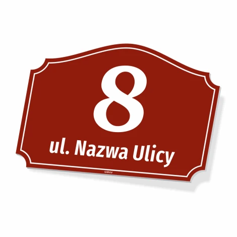 Address plaque for home or fence - Rectangular red sign with white lettering.