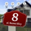 Address plaque for home or fence - Graphic design. Red shape with rounded corners, number 8 and text.