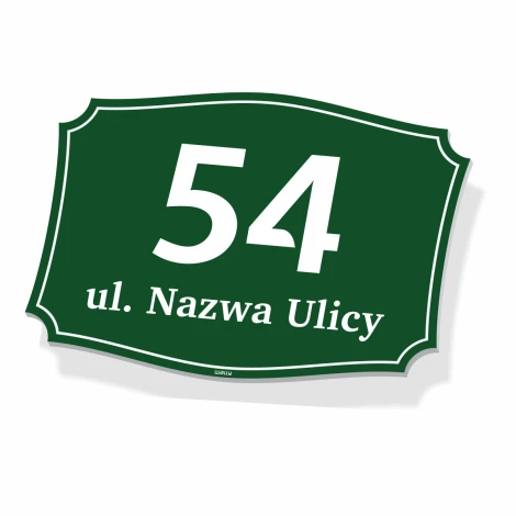 Address plaque for home with number and street name - Graphic design. Green plaque with white numbers and letters.