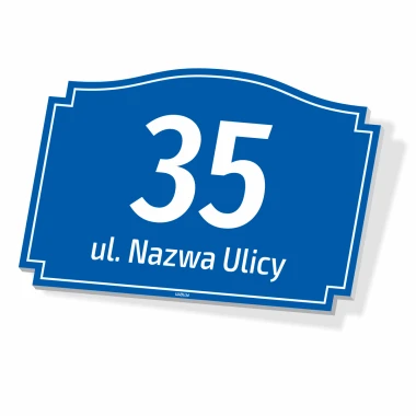 Address plaque for home with number and street - Graphic design. Navy background with white numbers and letters, classic shape.