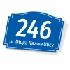 Address plaque for home with number and street - graphic design. Navy background with white numbers and letters, classic shape.