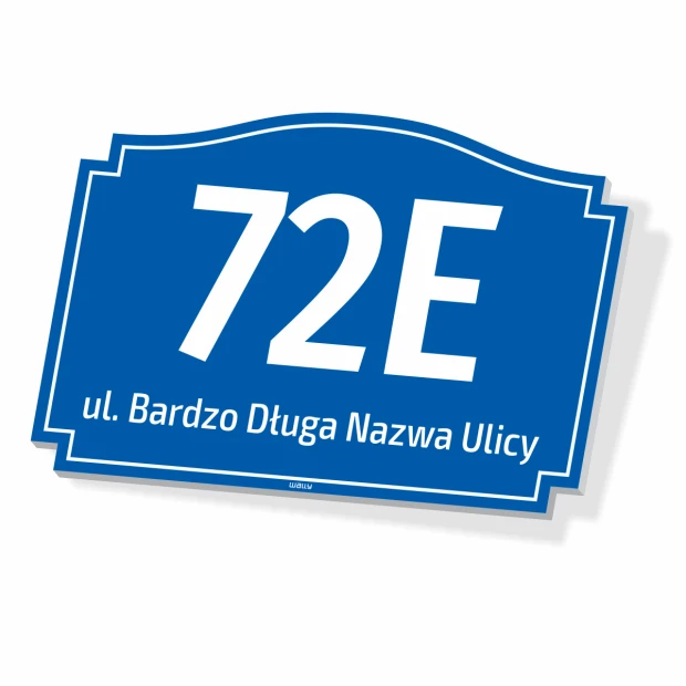 Address plaque for home with number and street - Graphic design. Navy background with white letters, rectangular shape.