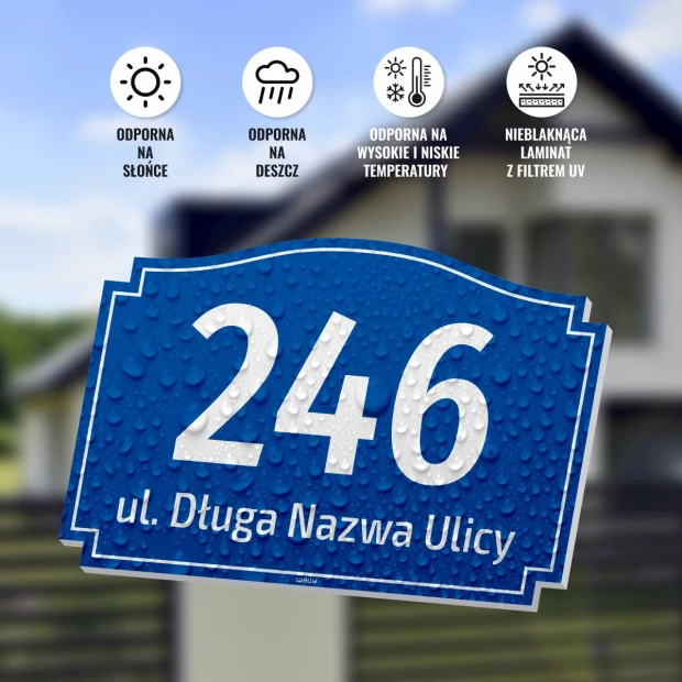 Address plaque for home with number and street - Graphic design. Navy background with white numbers and text, slightly wavy.