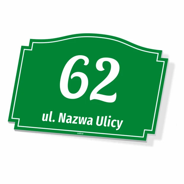 Address plaque with street name and house number - Green design with white numbers and text.