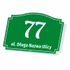 Address plaque with street name and house number - Green design with white numbers and text.