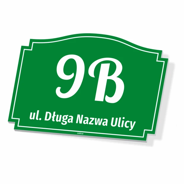 Address plaque with street and house number - Graphic design. Green plaque with white text and rounded corners.