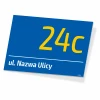 Address plaque with street and house number - Graphic design. Blue background with large yellow digits and white text.
