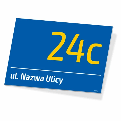 Address plaque with street and house number - Graphic design. Blue background with large yellow digits and white text.