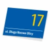 Address plaque with street name and house number - Simple rectangular design with blue background and yellow digits.