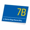 Address plaque, street, house number - Graphic design. Blue background with yellow number and white text.