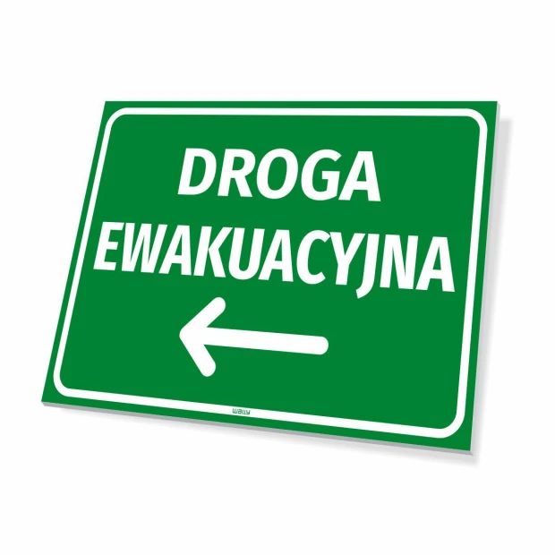 Emergency exit sign with left arrow - graphic design. Green background with white text and left arrow.