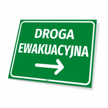 Safety sign Emergency exit Right arrow - Graphic design. Green background with white text and arrow.