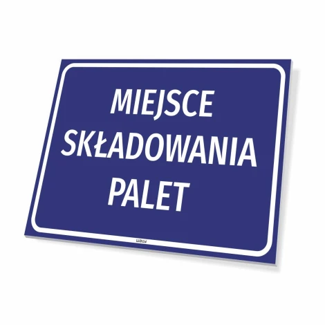 Safety sign for pallet storage - graphic design. Rectangular sign with blue background and white text.