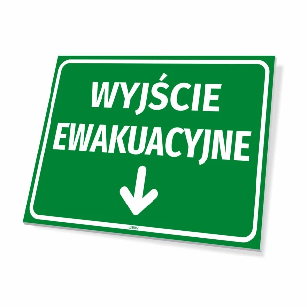 Emergency Exit Sign Down Arrow - Graphic Design. Green background with white text and downward arrow.