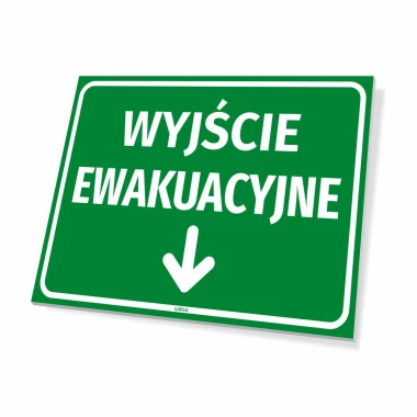 Emergency Exit Sign Down Arrow - Graphic Design. Green background with white text and downward arrow.