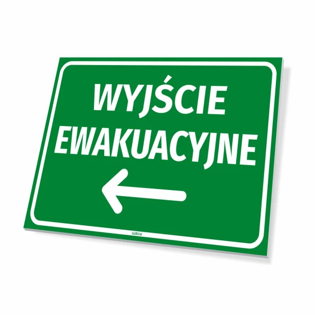 Emergency Exit Sign Left Arrow - Graphic Design. Green background, white text, left arrow.