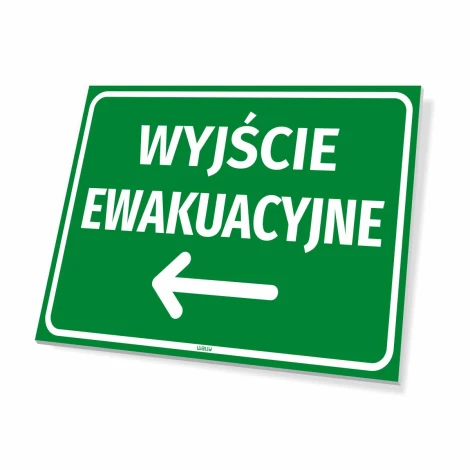 Emergency Exit Sign Left Arrow - Graphic Design. Green background, white text, left arrow.