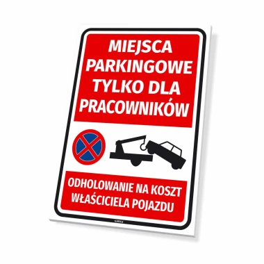 Parking spaces for employees only - Graphic design. Red background with white text and towing symbol.