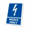 Workplace sign with lightning icon - Graphic design. Blue background, white lightning icon and text.