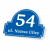 House or fence sign with address and number - Graphic design. Blue background with white numbers and text. Shape.