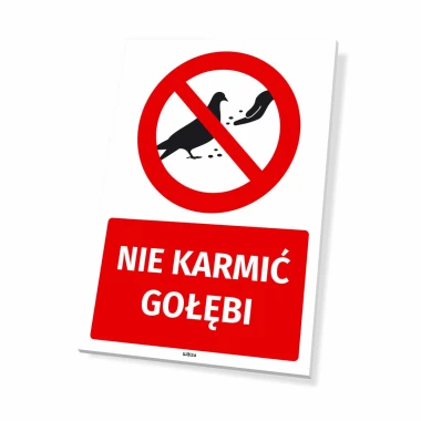 Do not feed the pigeons sign - Graphic design. Red circle with a crossed-out pigeon silhouette and a hand scattering seeds.