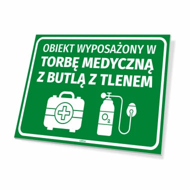 Sign featuring a medical bag with an oxygen tank - Graphic design. Green background with white text and bag icons.