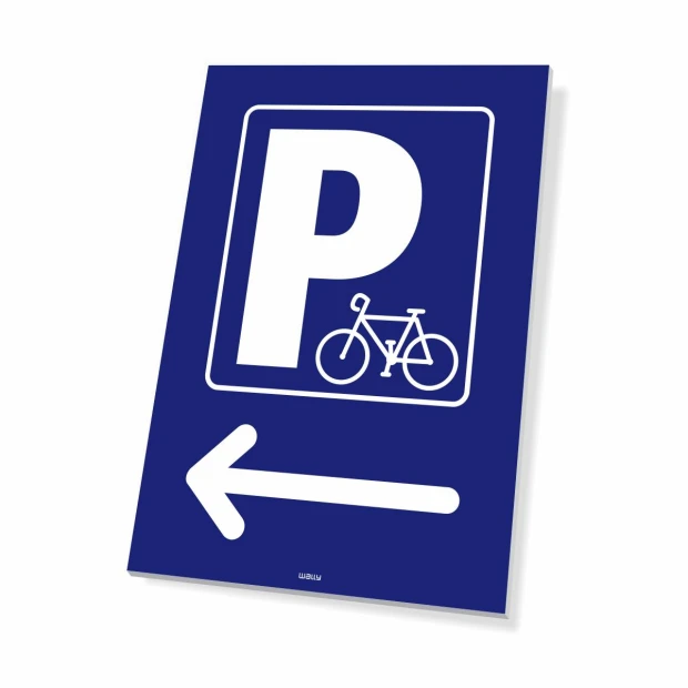 Bicycle parking sign with left arrow - Simple design featuring a bike symbol and a large letter P.