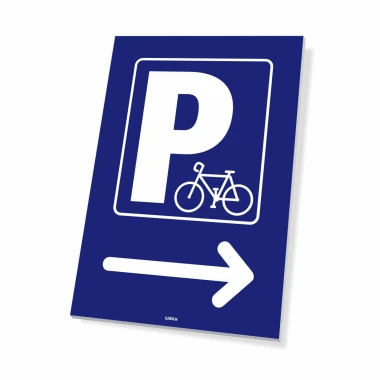 Parking sign for bicycles with a right arrow - Simple design featuring a bike symbol and a large letter P.