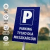 Parking sign for residents only - Graphic design. Blue background with white letter P and text. Water droplets.