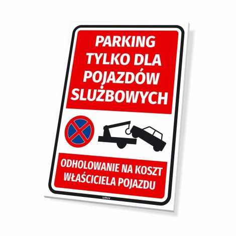 Parking sign for company vehicles only - Graphic design with red background, white text, and towing icon.