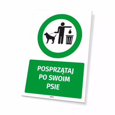 Dog Waste Reminder Sign - Features a dog on a leash, a person holding a bag, and a trash bin.