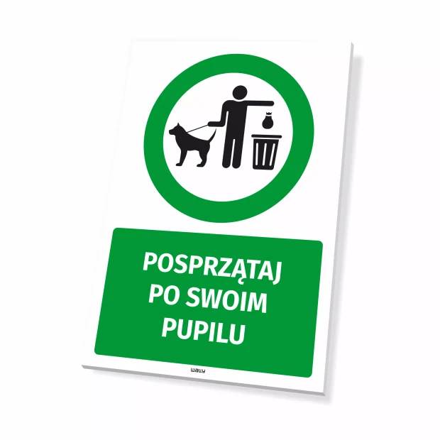 Clean Up After Your Pet Sign - Graphic Design. Round icon of a person with a leash and bag next to a trash bin.