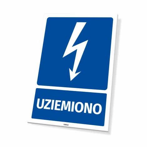 Grounded sign with lightning icon - graphic design. White lightning on a blue background with text.